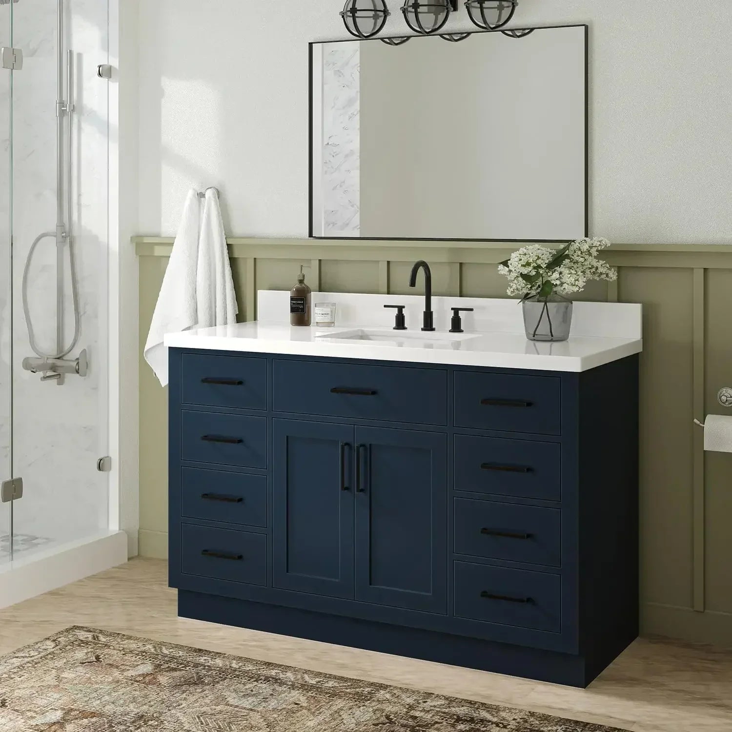 54" Bathroom Vanity with Carrara Quartz Countertop, Single Rectangular Sink, Soft Closing Doors & Drawers