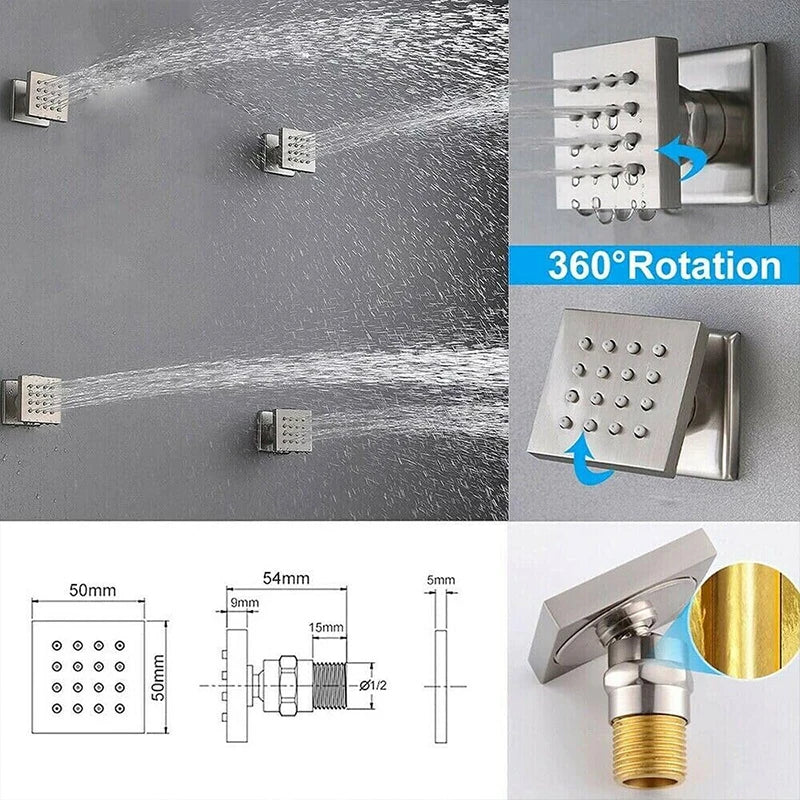 Brushed Ceiling Shower Head with LED Lights 36*50cm Large Rainfall Faucet Bathroom Tap Stainless Steel Smart Square Sprayer