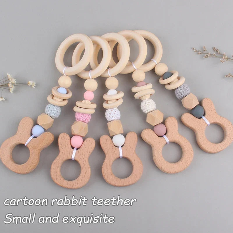 3/4 Pcs Baby Gym Frame Beech Wood Ring Baby Fitness Rack Pendants Silicone Beads Teether Newborn Stroller Rattle Play Gym Toys