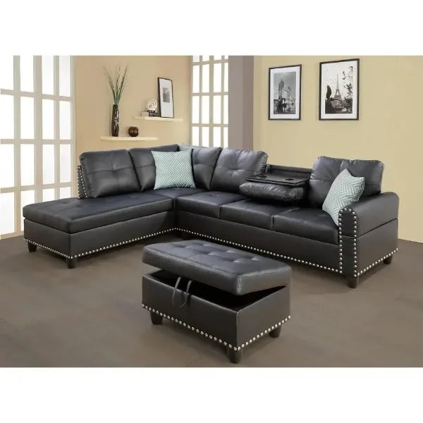 98"Faux Leather Sectional Sofa with Removable Storage Ottoman,L-Shape Upholstered 6Seater Couch with Cupholder and Nailhead Trim