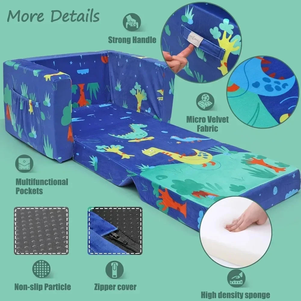 Kids Couch: Toddler Sofa Bed Fold Out for Gilrs Boys Baby Flip Out Convertible Lounge Chair Dinosaur