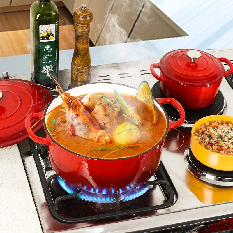 Enameled Cast Iron Dutch Oven Set with Lids, 2pcs Cast Iron Pot, 6QT & 1.5QT Enamel Cookware Pot, Red