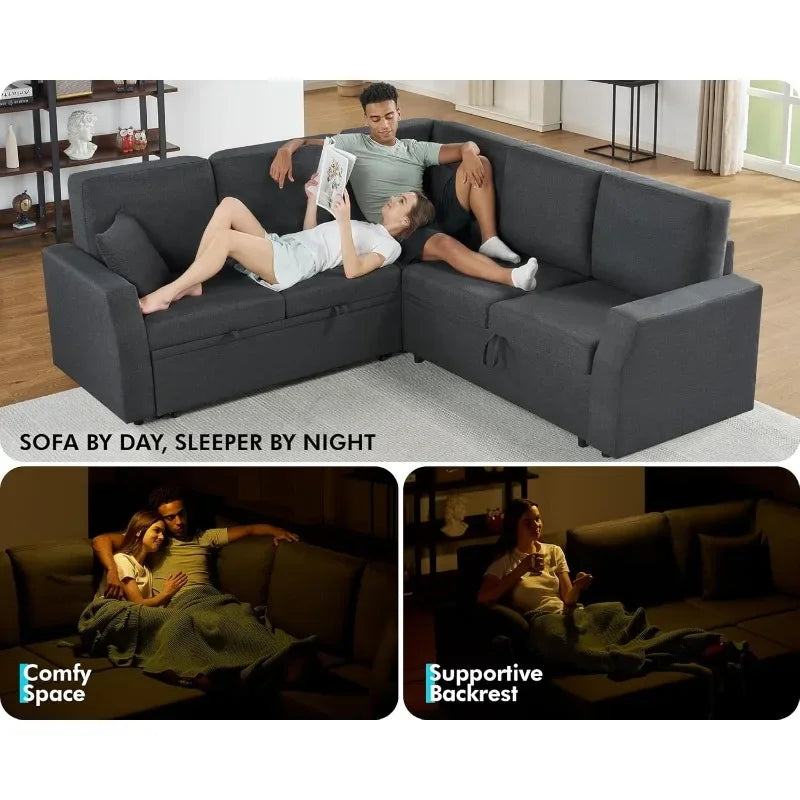 VanAcc Sofa Bed, 85 Inch Sleeper Couch with Storage Seat, L Shaped Sofa with Pull Out Sofa Bed, Sectional Couches