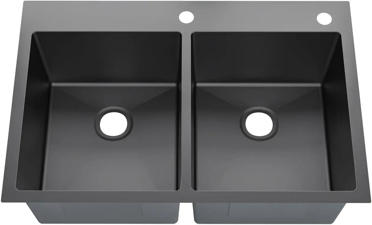 Drop in Double Bowl 304 Stainless Steel Kitchen Sink (33” x 22” x 9”(Black Sink Only))