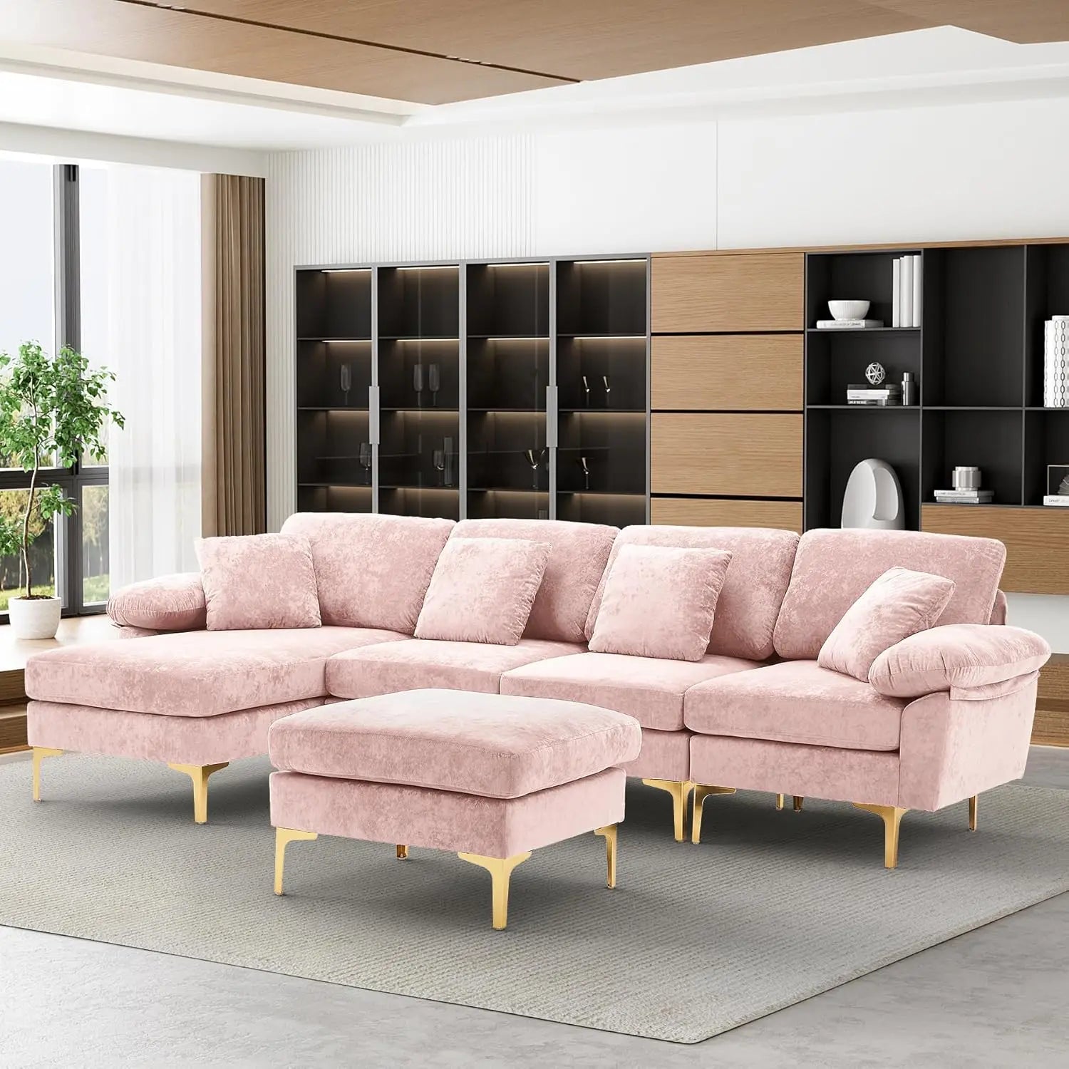 U-Shaped Sectional Sofa Couch, 4 Seat Sofa Set for Living Room, Convertible L-Shaped Velvet Couch Set with Chaise Lounge