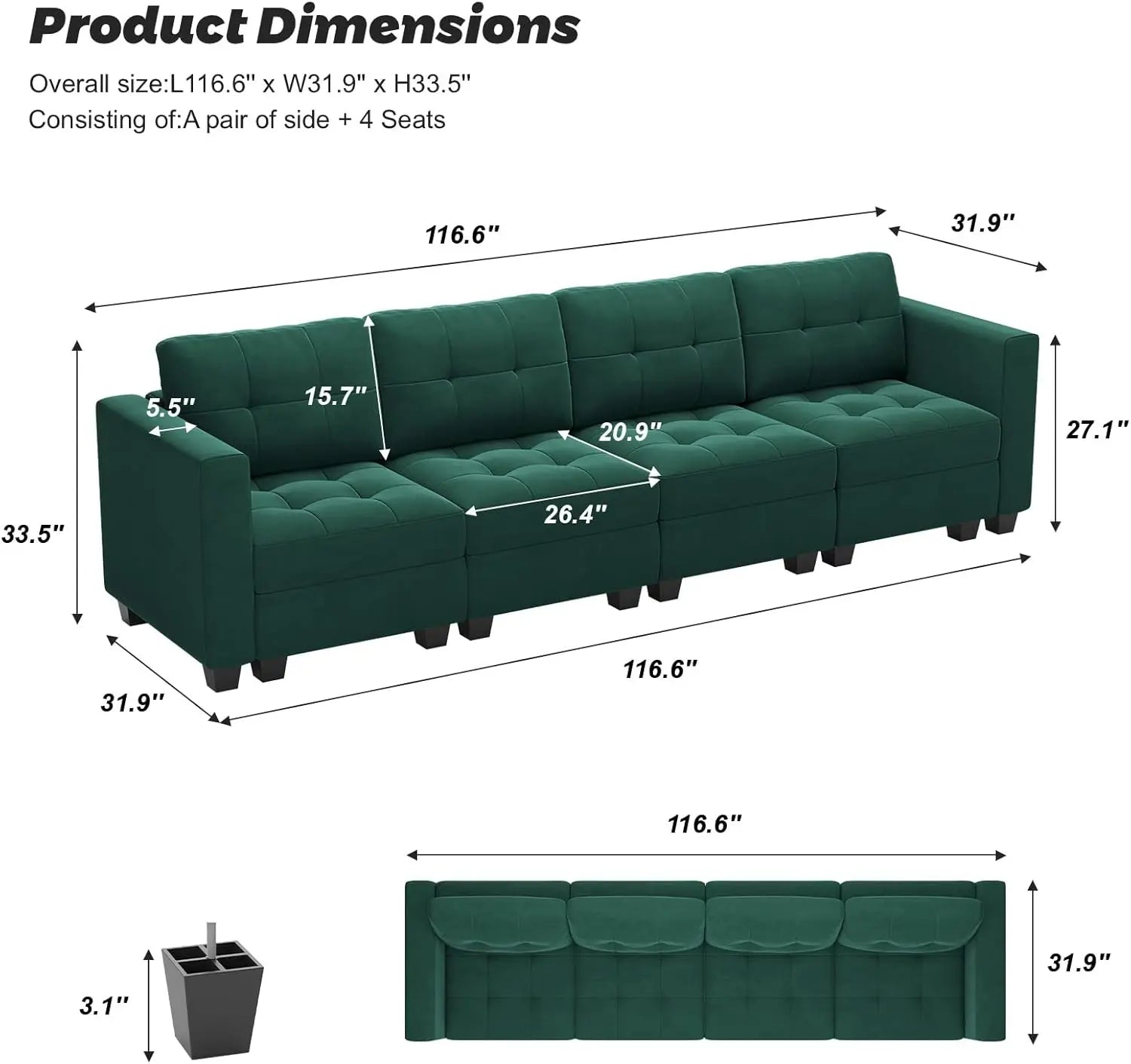 Sectional Modular Sofa with Storage Seats, Velvet Couch for Living Room, Apartment,Small Space