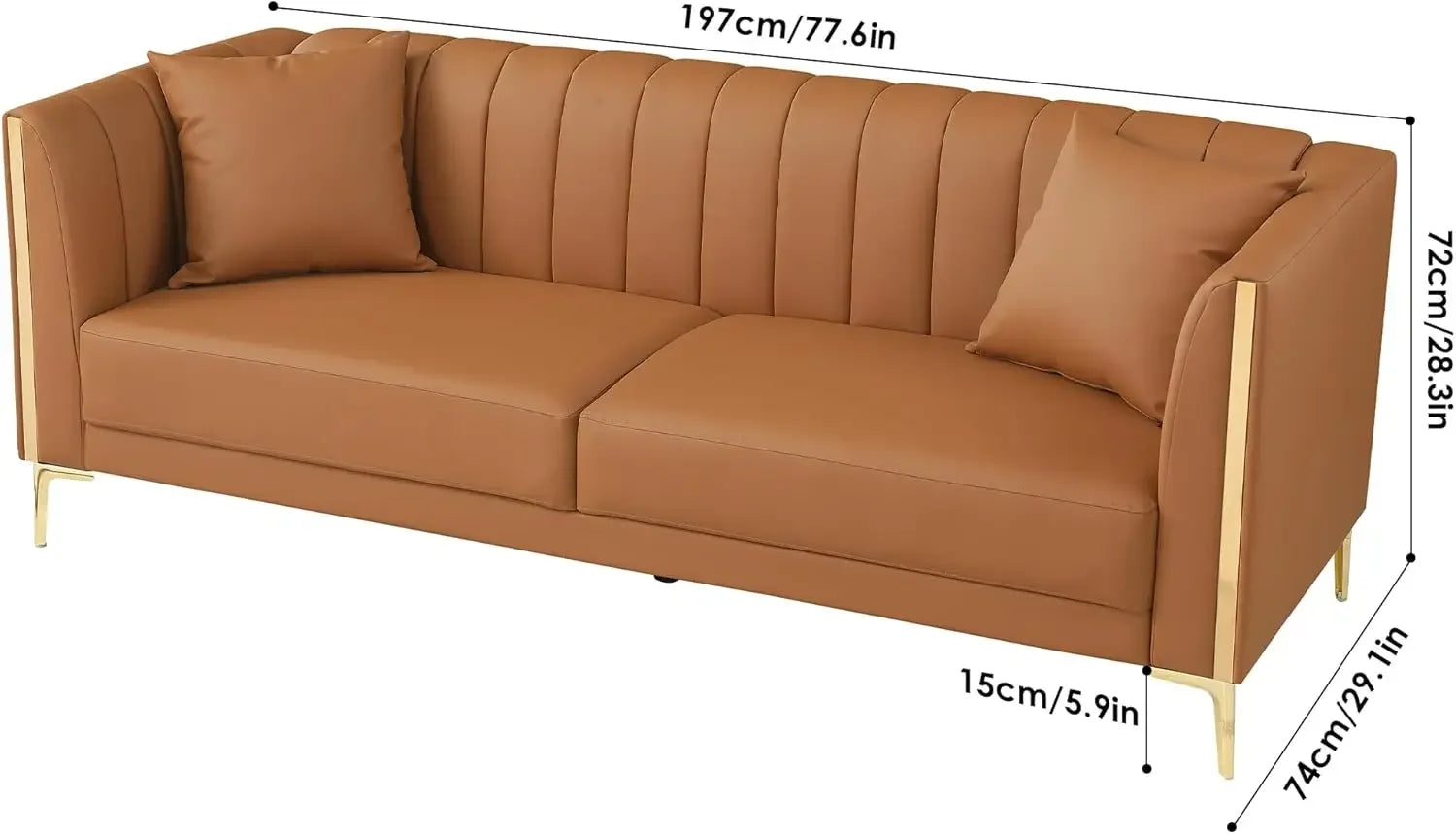 78'' Sofa, Modern White Couches for Living Room, Comfy, Faux Leather Sofa 3 Seater Sofa with 2 Throw Pillows and Gold Metal Legs