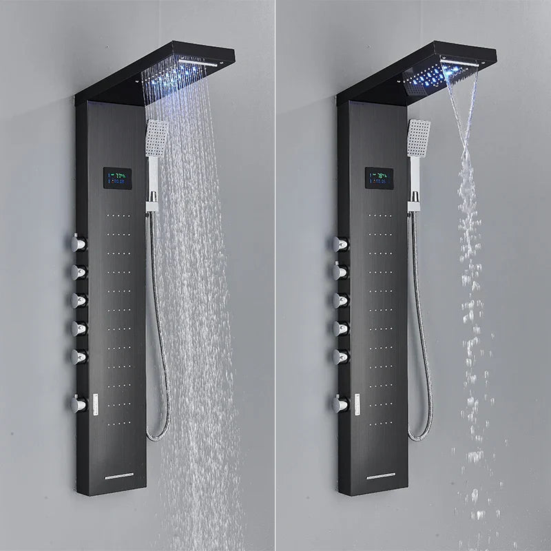 Bathroom LED Light Rain Waterfall Shower Panel Faucet Body Massage Jets Shower Faucet Stainless Steel Tub Spout Shower Column