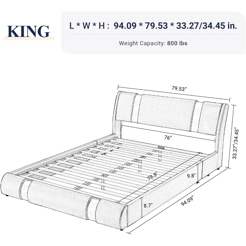 Queen Bed Frame with Iron Piece Decor, Faux Leather Upholstered Platform Bed with Adjustable Headboard & Strong Wooden Slats