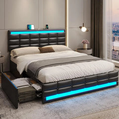 Queen Bed Frame with LED Lights Leather Platform Bed with Storage Drawers and Charging Station,with Adjustable Headboard,Black