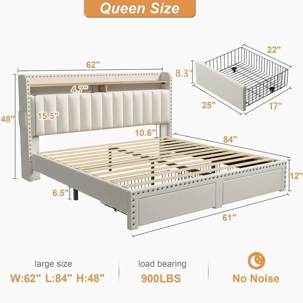 King Size Bed Frame with Storage and Headboard,Upholstered King Bed Frame with Storage & 2 Drawers,NO Noise,No Box Spring Needed