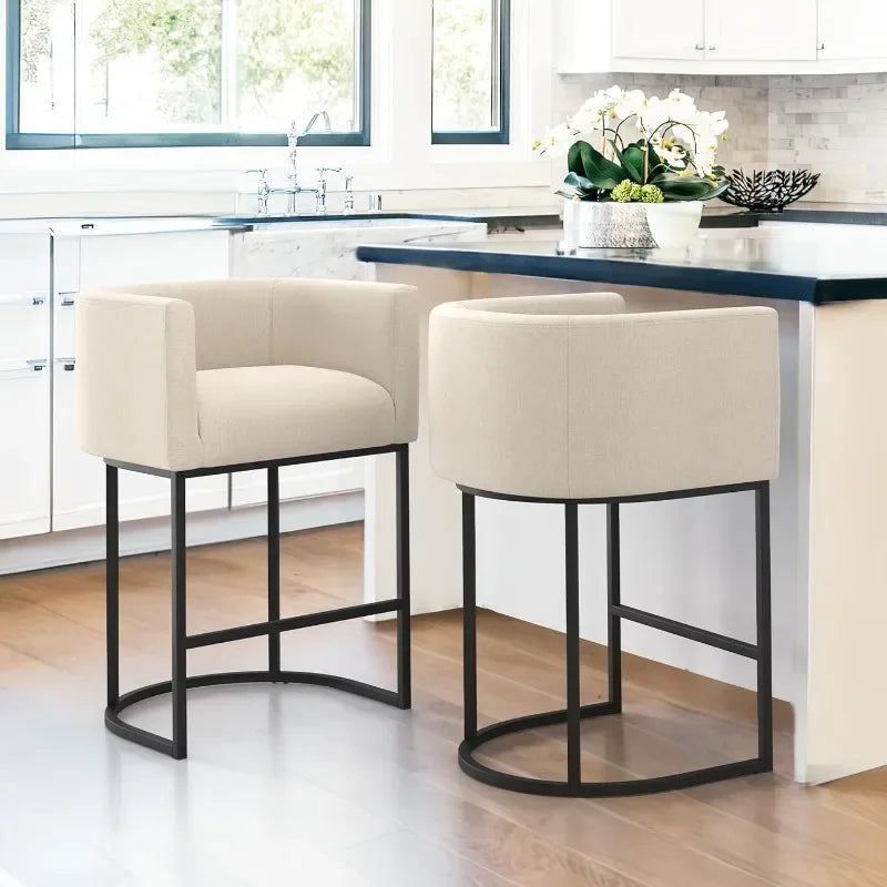 27" H Counter Height Bar Stools Set of 2, Modern Barrel Counter Stools with Backrest and Arms, Black Metal Frames