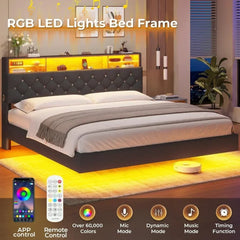 Bed Frame with Charging Station & Hidden Storage Headboard, King with LED Lights, Crystal Button Tufted Upholstered Bed Frame