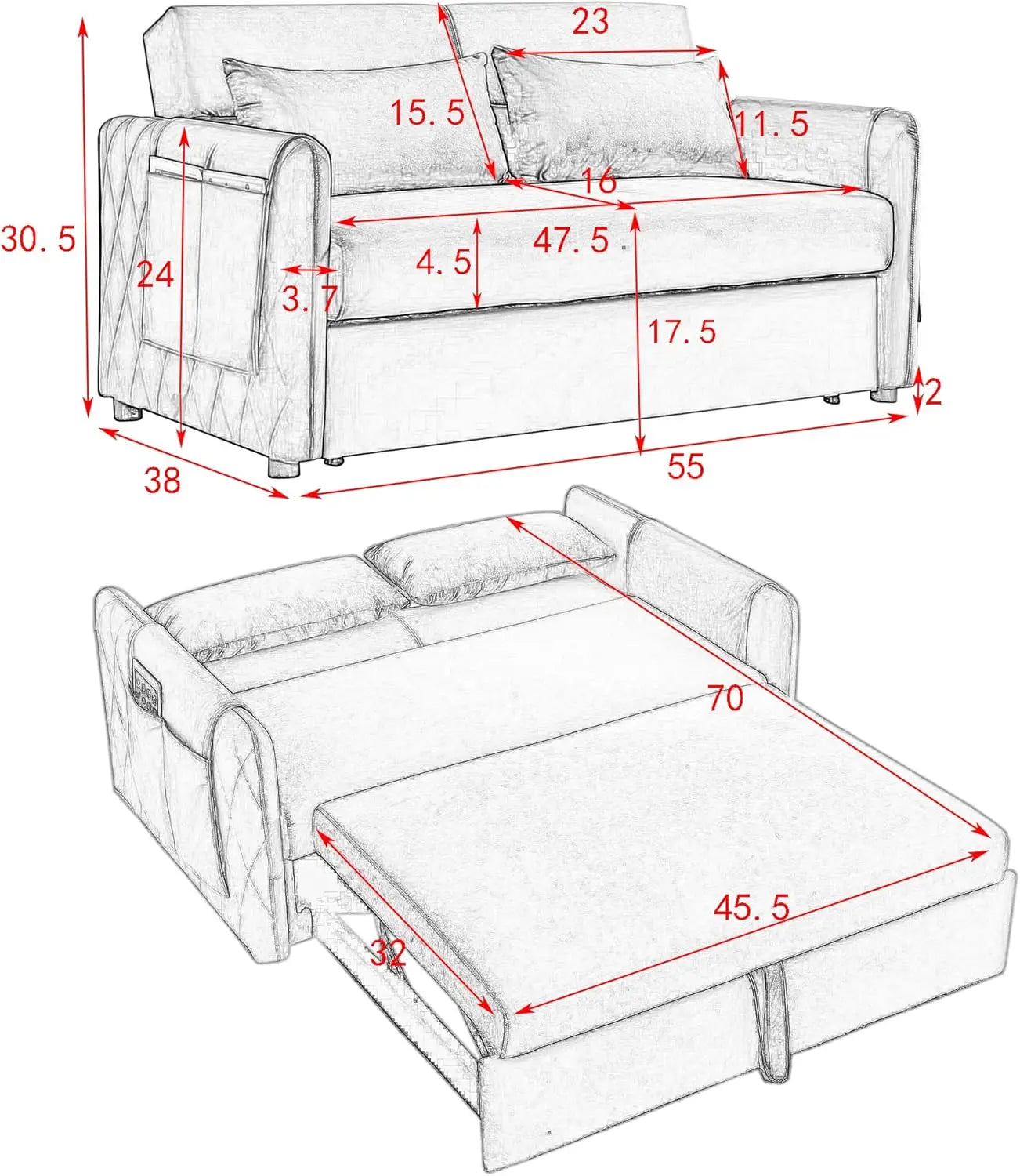 55" Loveseat with Pull Out Bed, 3 in 1 Convertible Velvet Sleeper Sofa Bed with Adjustable Backrest & 2 Pillows, 2 Arm Pocket