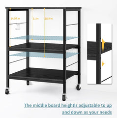 Microwave oven rack, 3-layer kitchen cart with small pastry rack stored on wheels and 10 hooks, coffee bar cart