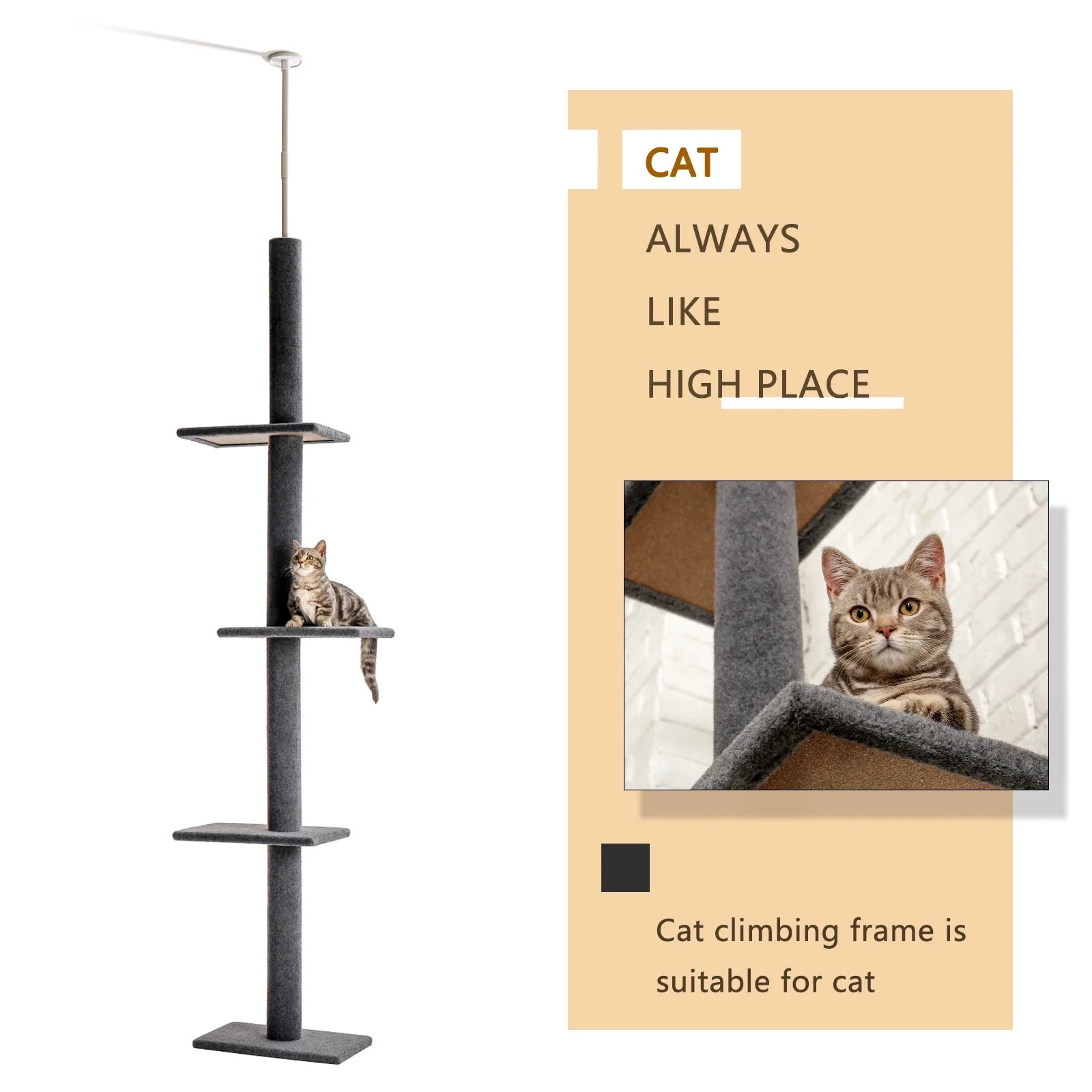 Adjustable 228-274cm Height Floor-to-Ceiling Vertical Cat Tree Stable Tall Cat Climbing Tree Cat Kittens Cat Toy