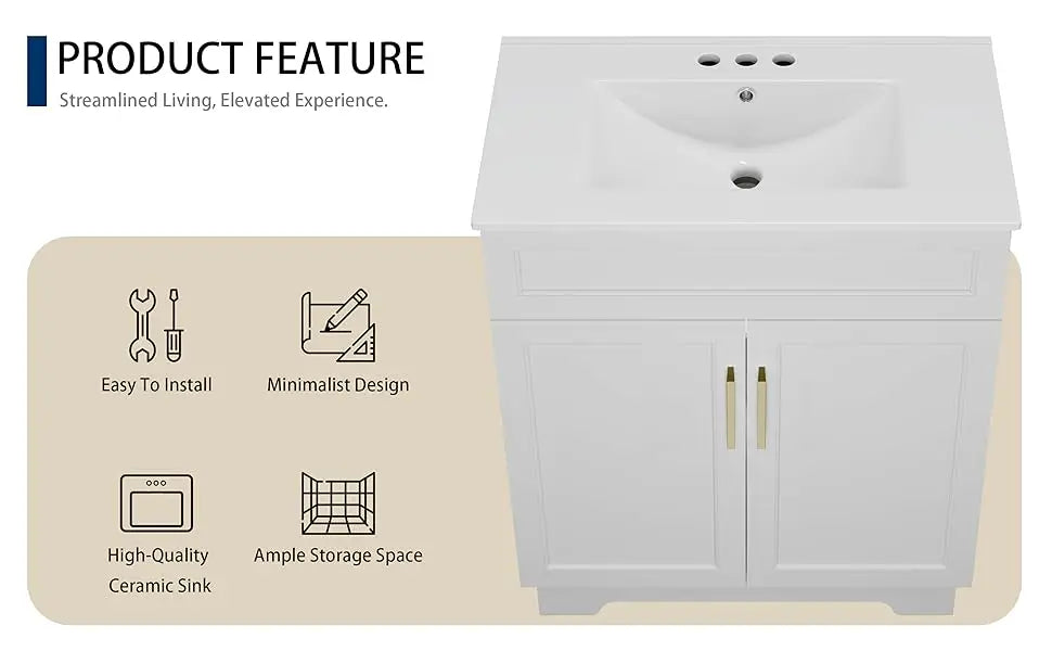 Bathroom Vanity with Ceramic Sink, 30" Freestanding Bathroom Cabinet Vanity with Storage, Quick Assembly Bathroom Vanity