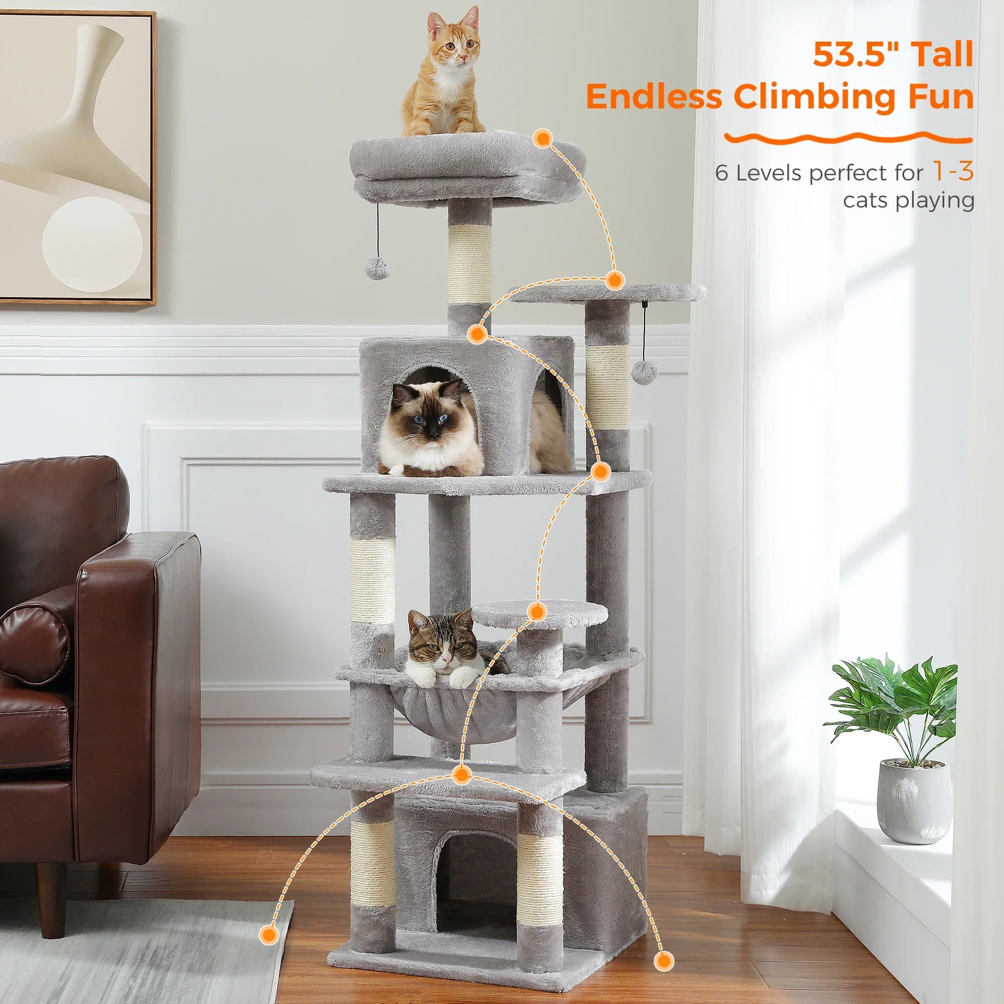 H184CM Large Cat Tower with Sisal Scratching Posts Spacious Condo Perch Stable for Kitten Multi-Level Tower Indoor Cozy Hummocks