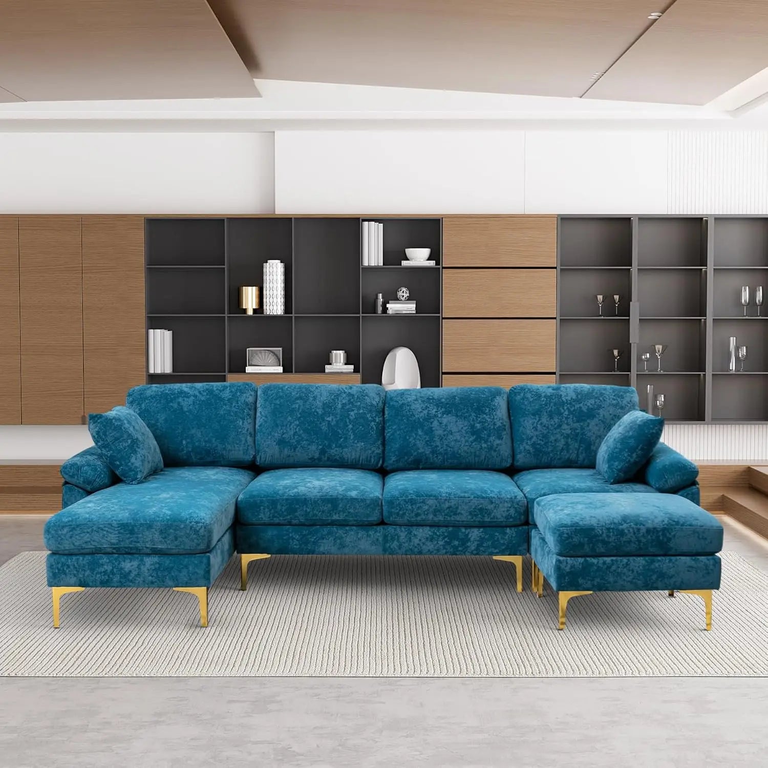 U-Shaped Sectional Sofa Couch, 4 Seat Sofa Set for Living Room, Convertible L-Shaped Velvet Couch Set with Chaise Lounge