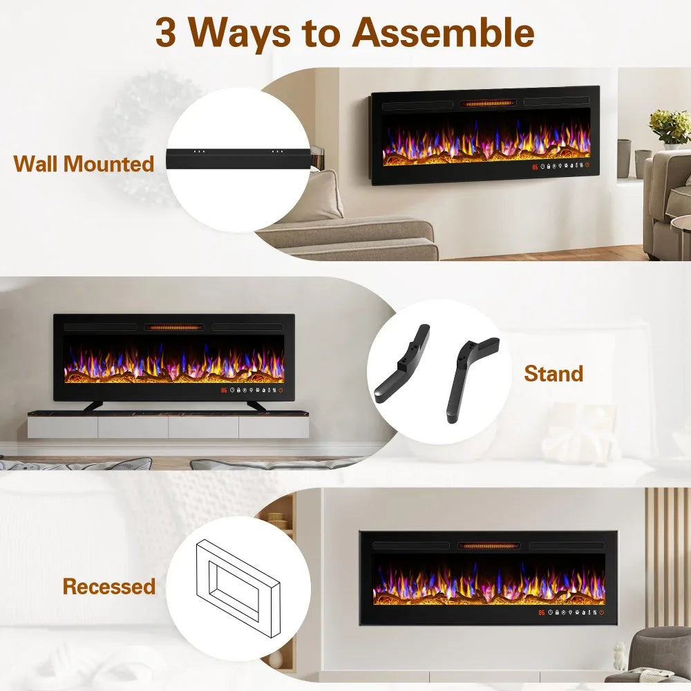 50" Slim Electric Fireplace Recessed and Wall Mounted,Wall Fireplace and Freestanding Linear Fireplace, with Remote Control