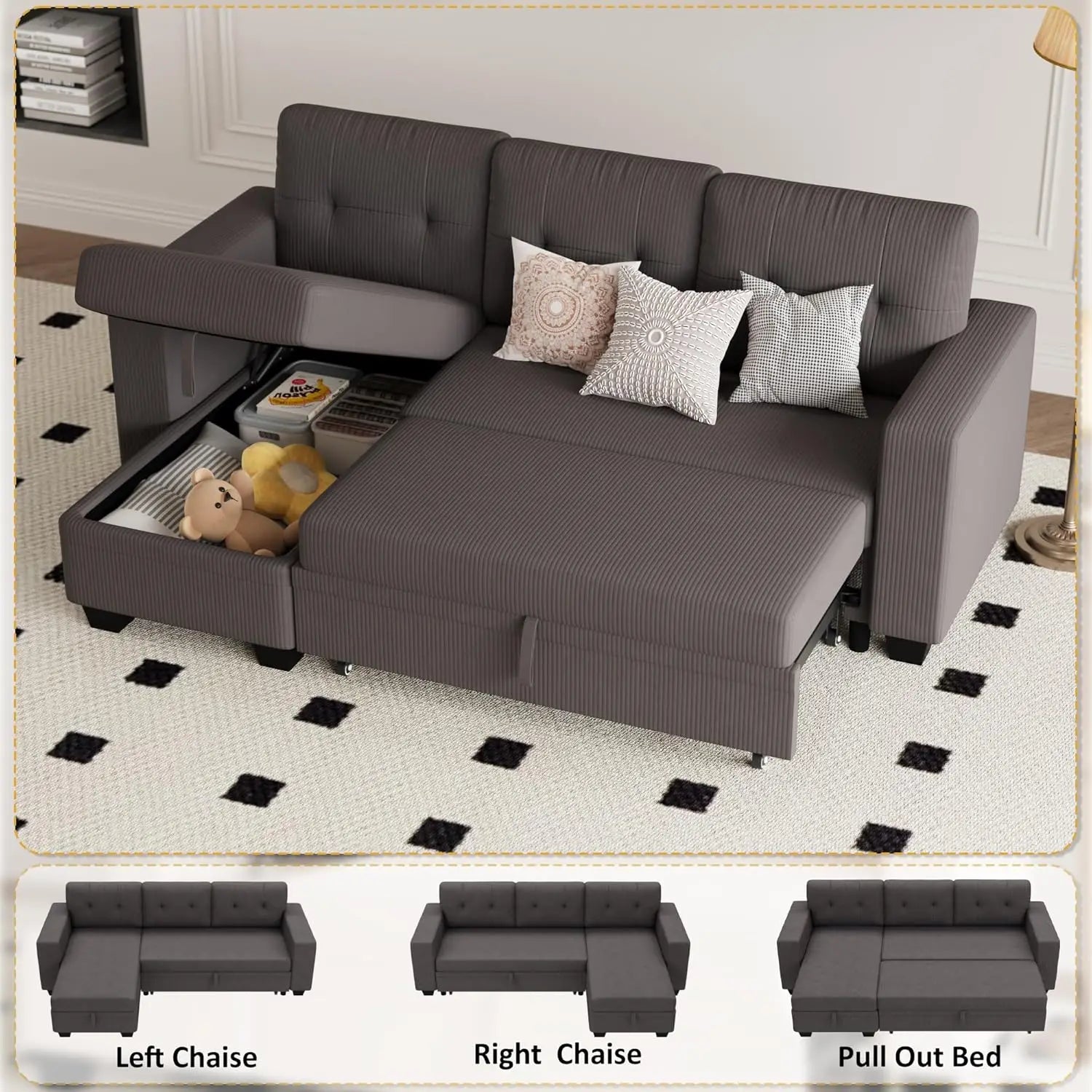 Furniwell Sleeper Sofa, Sofa Bed with Storage Chaise, Tufted Linen Sofa Sleeper, Small L-Shape Pull Out Bed Sectional Couches fo