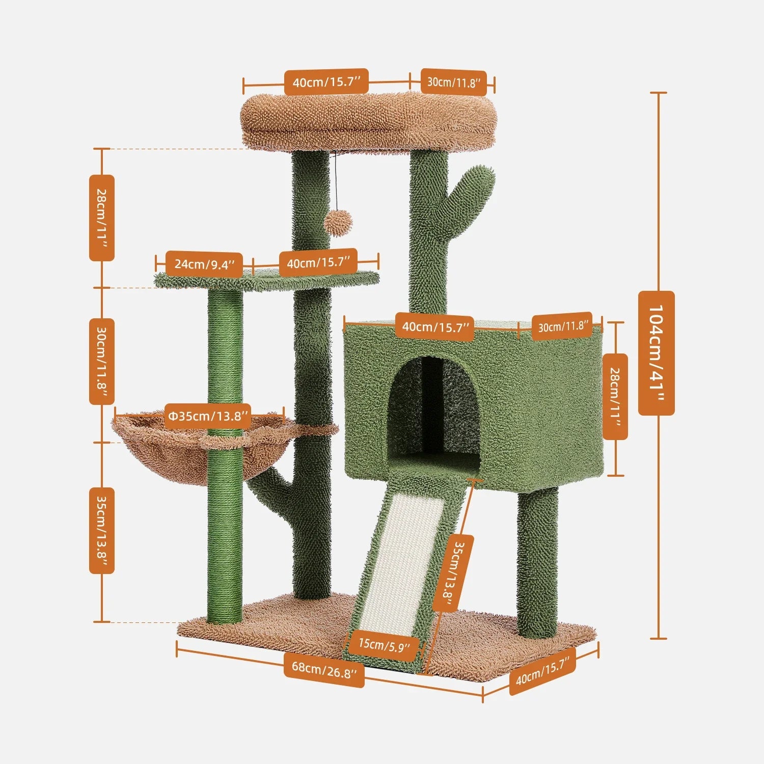 41''&36'' Cactus Cat Tree Tower with Sisal Scratch Posts Cozy Condo for Indoor Cats Multi-Level Climbing Stand with Soft Hammock