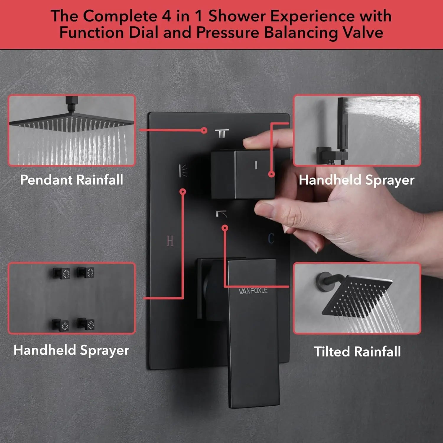 Shower Faucet Set Matte Black Shower System Four Modes Shower Faucet with 2 in 1 Handheld Ceiling Mount 10 Inch Showers Head