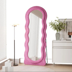 Wavy Mirror Full Length, 63"x24" Irregular Wave Floor Mirror, Full Length Wall Mirror with Flannel Frame(Pink) Home Decor