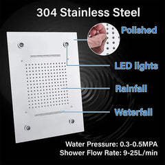 Brushed Ceiling Shower Head with LED Lights 36*50cm Large Rainfall Faucet Bathroom Tap Stainless Steel Smart Square Sprayer