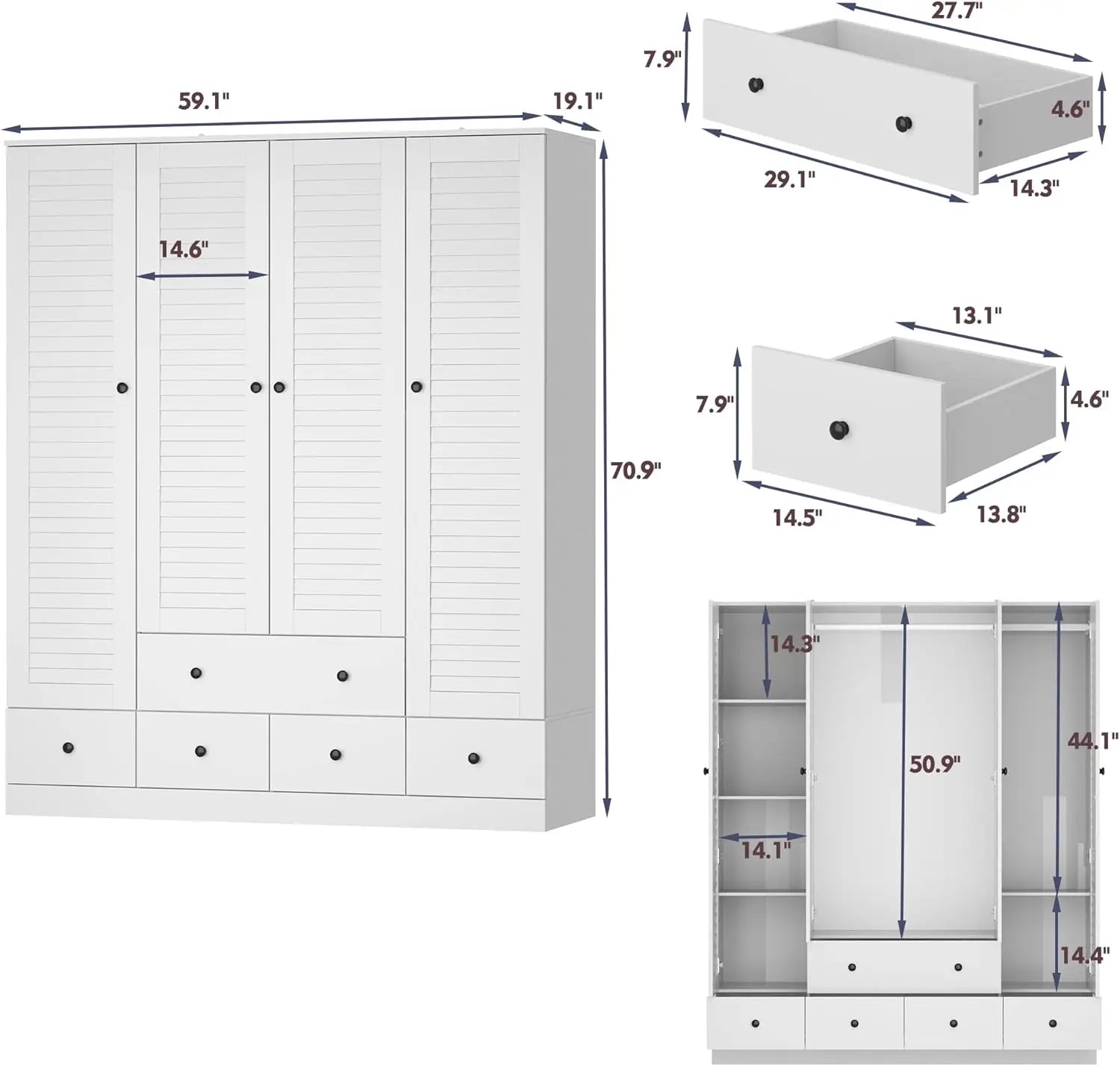 4 Shutter Door Wardrobe Armoire Closet with Shelves and Drawers, Armoire Wardrobe Closet with 2 Hanging Rods for Bedroom White