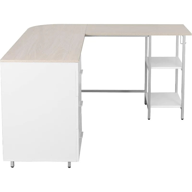 L Shaped Desk - Two-Toned Computer Desk with Drawers & Storage Shelves - Simple Modern Furniture & Home Office Space Corner Tabl