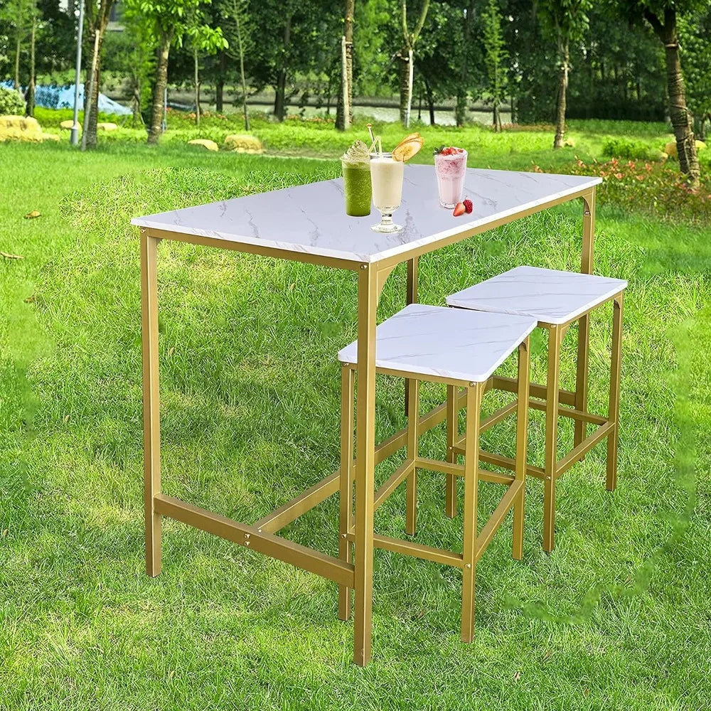 5-Piece Bar Table Set with 4 Stools,Dining Room Table Set,Small Spaces (Gold & White)