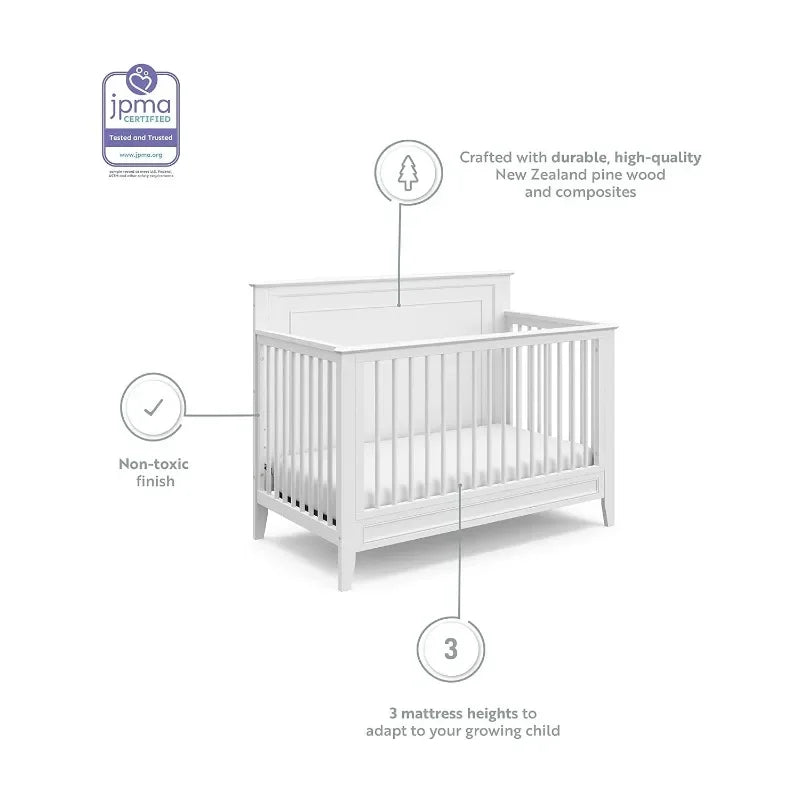 Solstice 5-In-1 Convertible Crib (White) – GREENGUARD Gold Certified, Converts to Toddler Bed and Full-Size Bed,