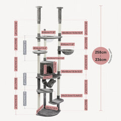 Modern Adjustable Cat Tree Tower 236-258cm Tall Climbing Cat House with Scratch Posts Perches Condo Hammock for Indoor Kittens