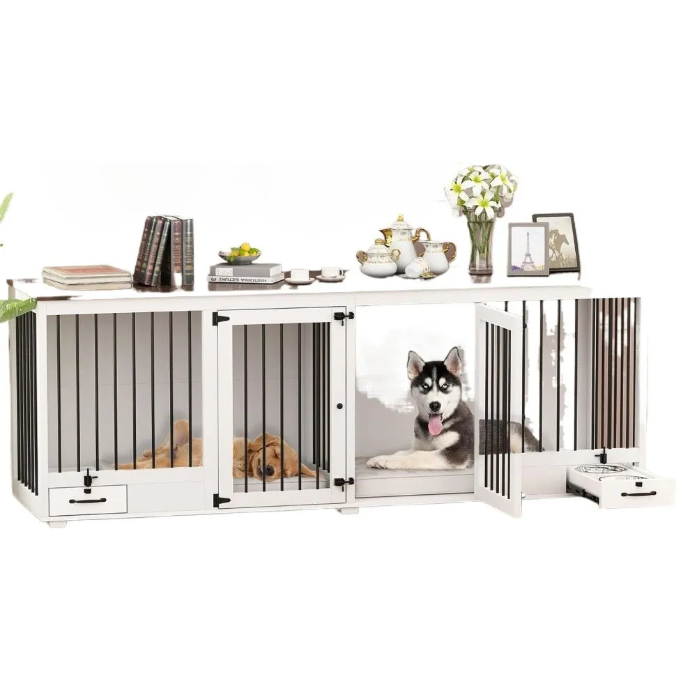 Dog Crate, Heavy Duty Kennel with Pet Bowl Drawers & Divider, Indoor Furniture Style Pet Kennel for Large Medium Dogs, Dog Crate