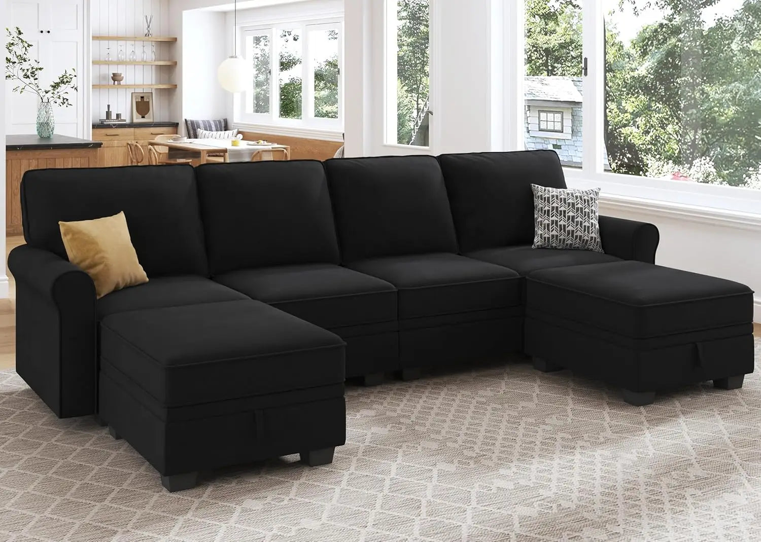 Sectional Sofa with Storage Seat Velvet U Shaped Sectional Couch with Reversible Chaise Convertible Couches Living Room,Black