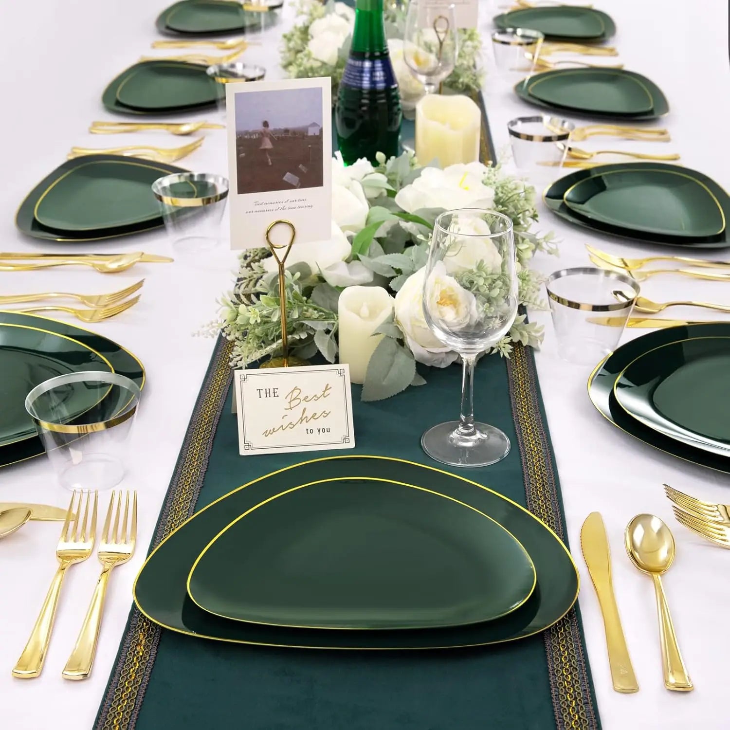 180Pcs Green Plastic Plates, Green Gold Disposable Plates with Gold Tableware Gold Dinnerware Set