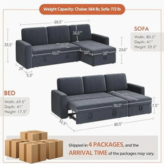 L-Shaped Sectional Sofa Bed w/Chaise & USB Reversible Storage Sleeper Convertible Trundle Hidden Compartment Fabric Couch