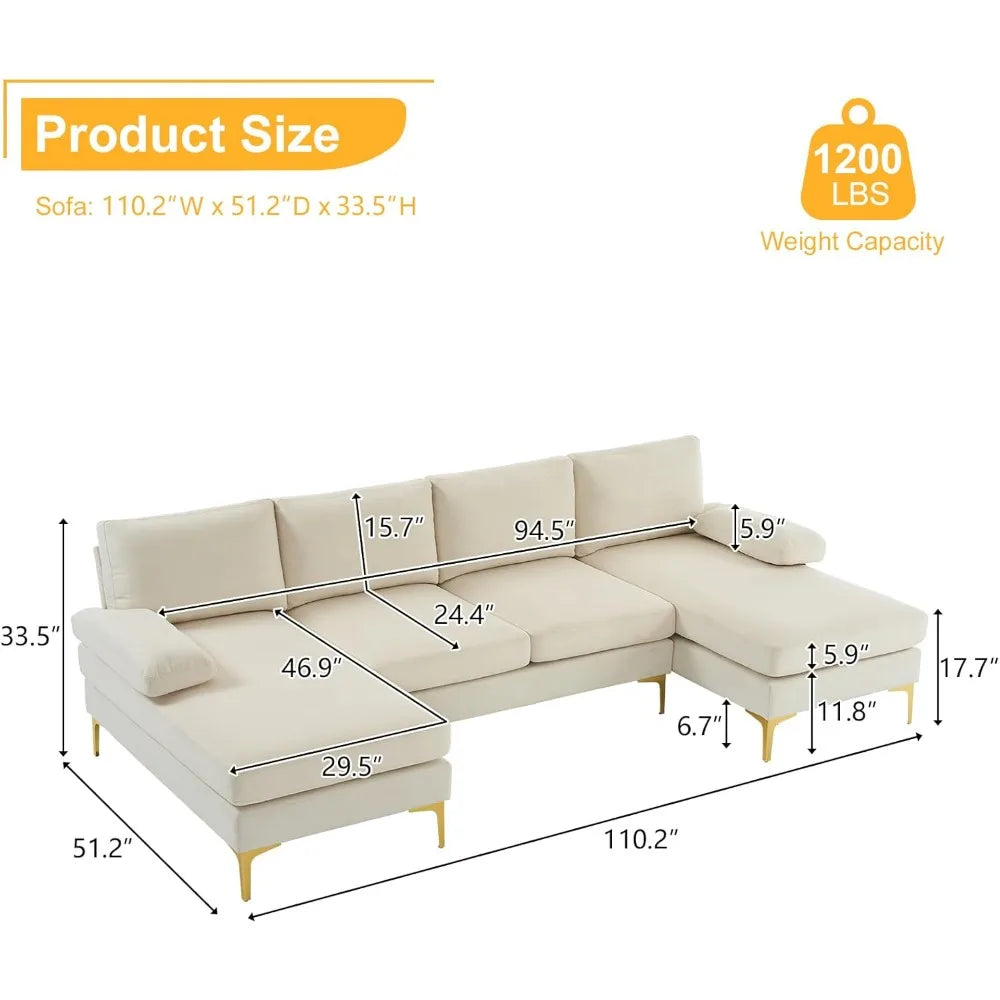 Convertible Sectional Sofa 110" U-Shape Couch 4-Seat Couch with Chaise Fabric Upholstered for Living Room, living room sofas