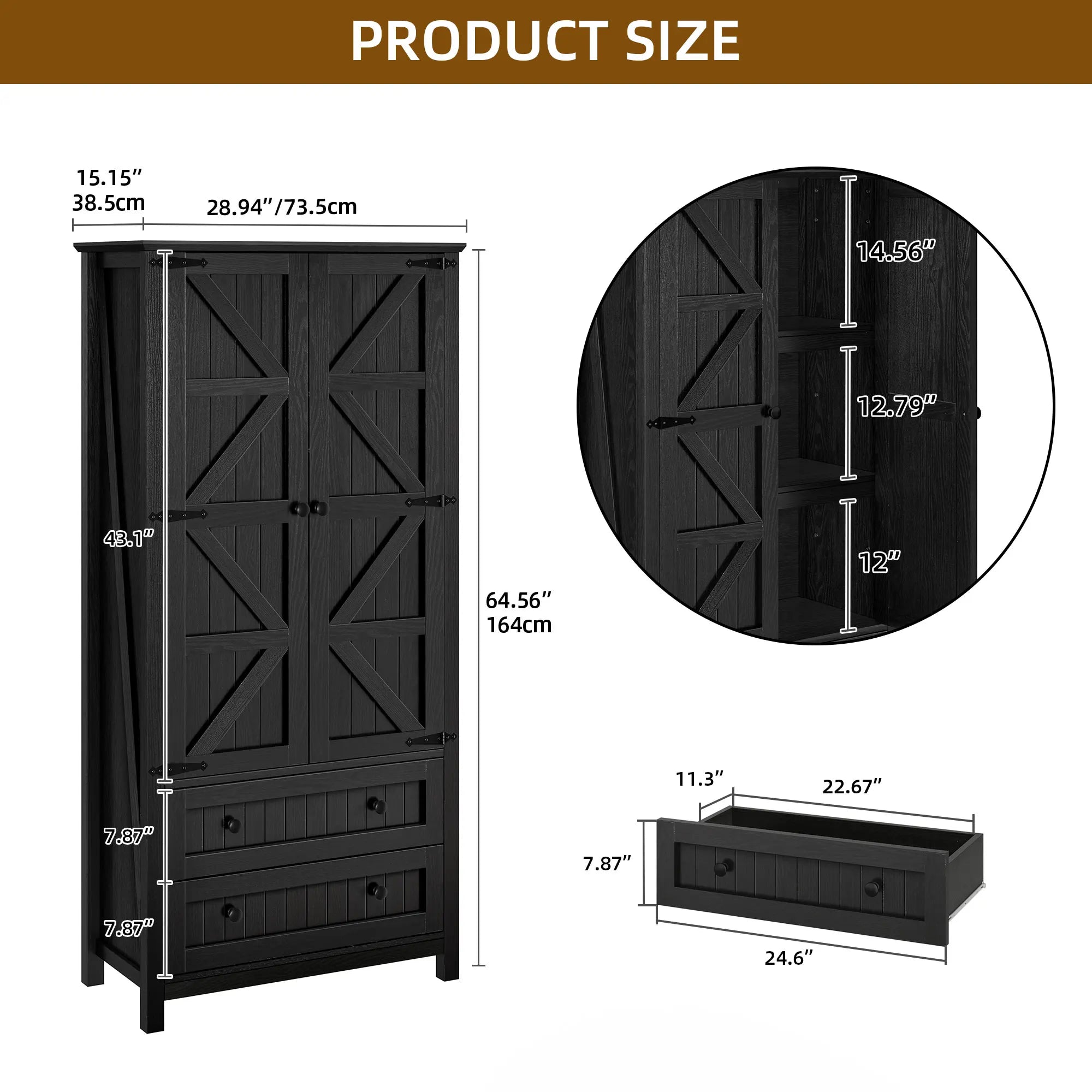 Farmhouse Kitchen Pantry Cabinet, 64.5" Tall Storage Cabinet with 2 Drawers and Adjustable Shelves