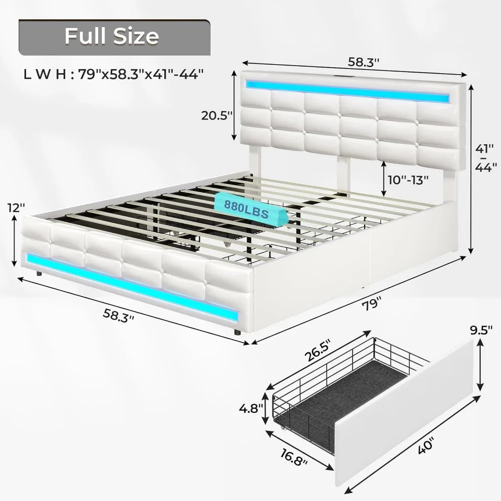 Queen Bed Frame with LED Lights Leather Platform Bed with Storage Drawers and Charging Station,with Adjustable Headboard,Black