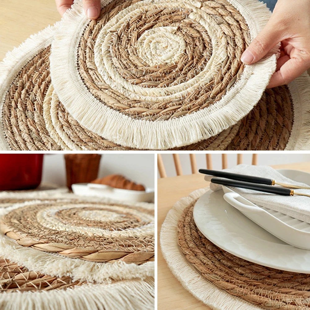 25/38cm Round Placemats Natural Wicker Woven Tassels Placemat Plate Water Straw Braided Tablemats Rattan Weave Dining Table Mat