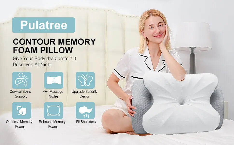 Pulatree Neck Pillow Soft Pillow Odorless Ergonomic Cervical Pillow for Neck Pain Relief Double Sided Easy To Clean Memory Foam