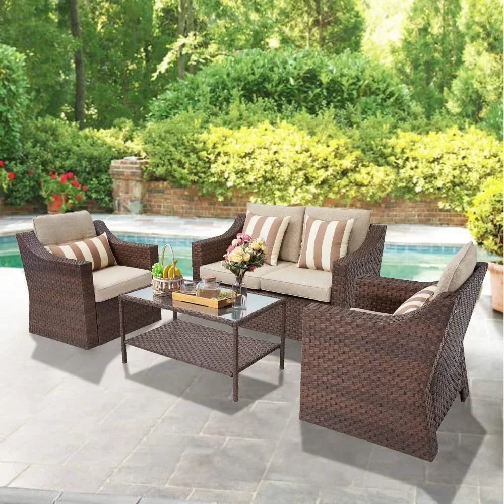 Piece Patio Conversation Set Outdoor Furniture Set, Brown Wicker Lounge Chair with Ottoman Footrest, W/Coffee Table & Cushions