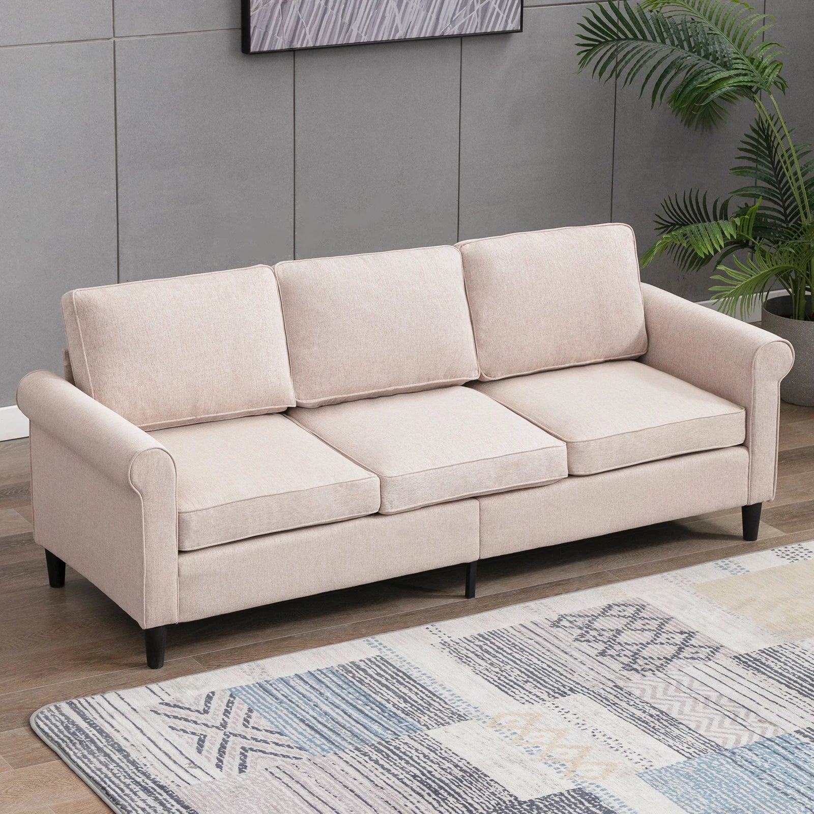 HORGAEO Linen 3 Seater Small Couch, Upholstered Riveted 3-Seat Sofa for Living Room