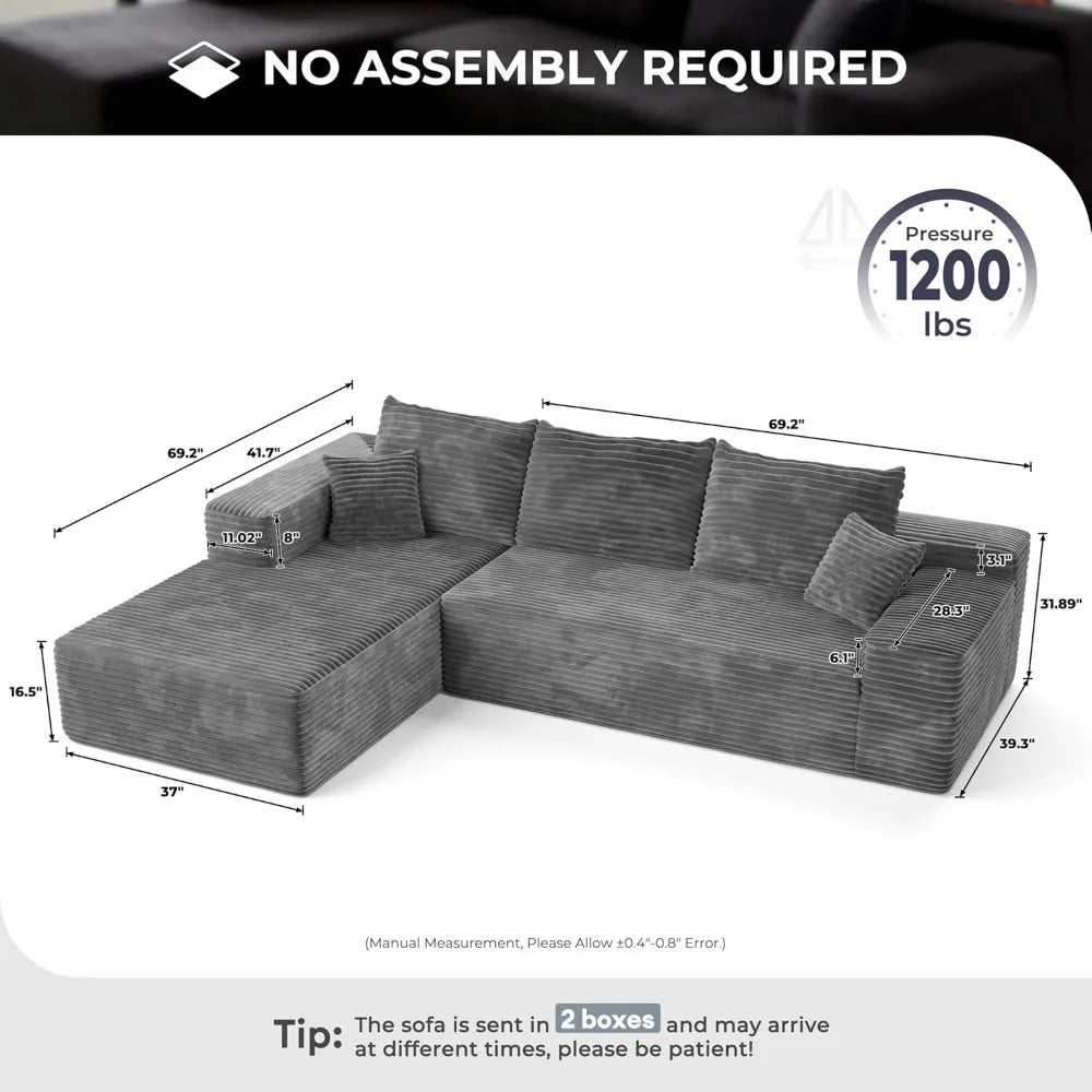 Grey (Plush Corduroy Fabric) Couch Living Room Sofa Chair Upholstered Couches for Living Room Bedroom No Assembly Required Sofas