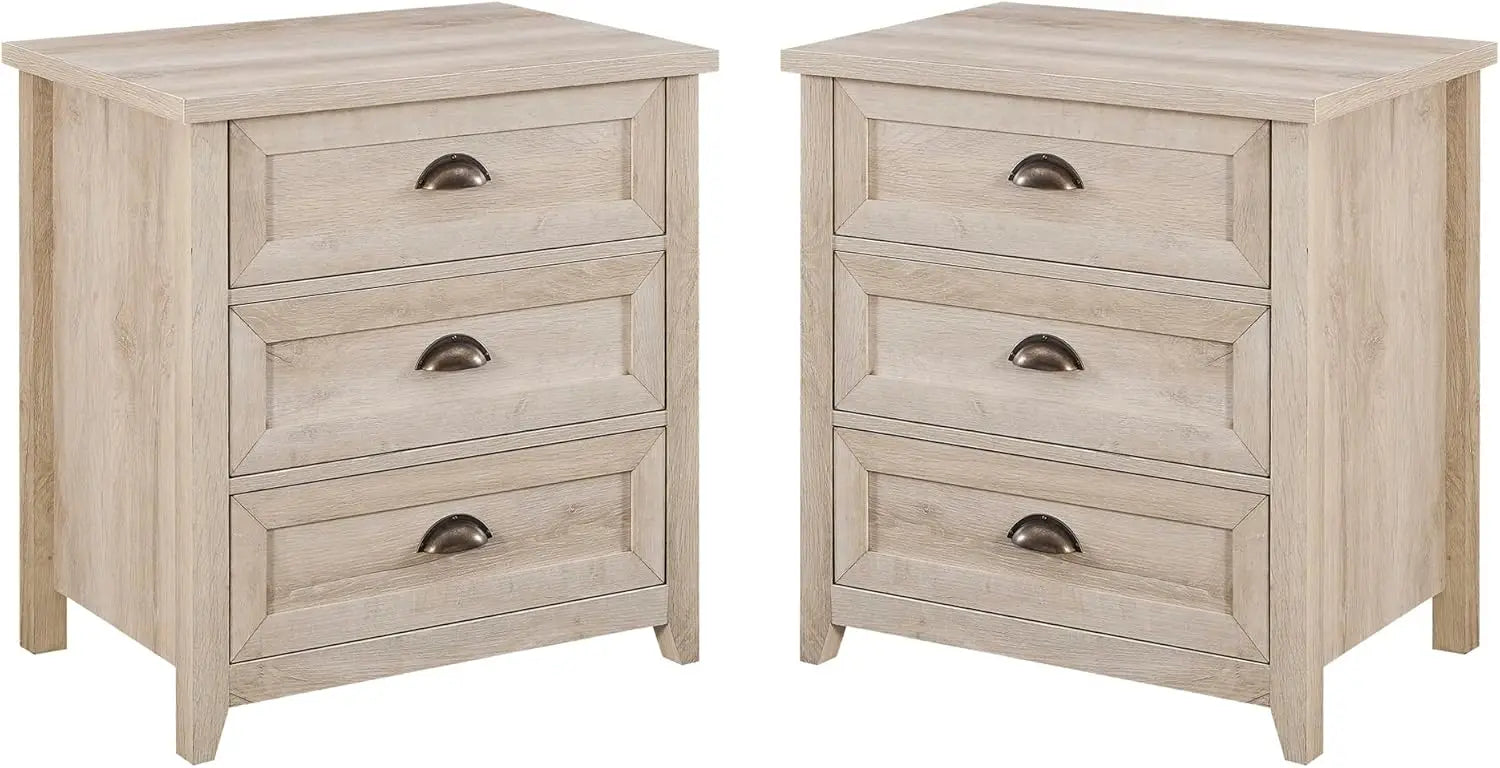 2-Piece Nightstand, Modern Farmhouse 3 Drawer Framed Nightstand with Half-Moon Handles, White Oak End Table for Bedroom