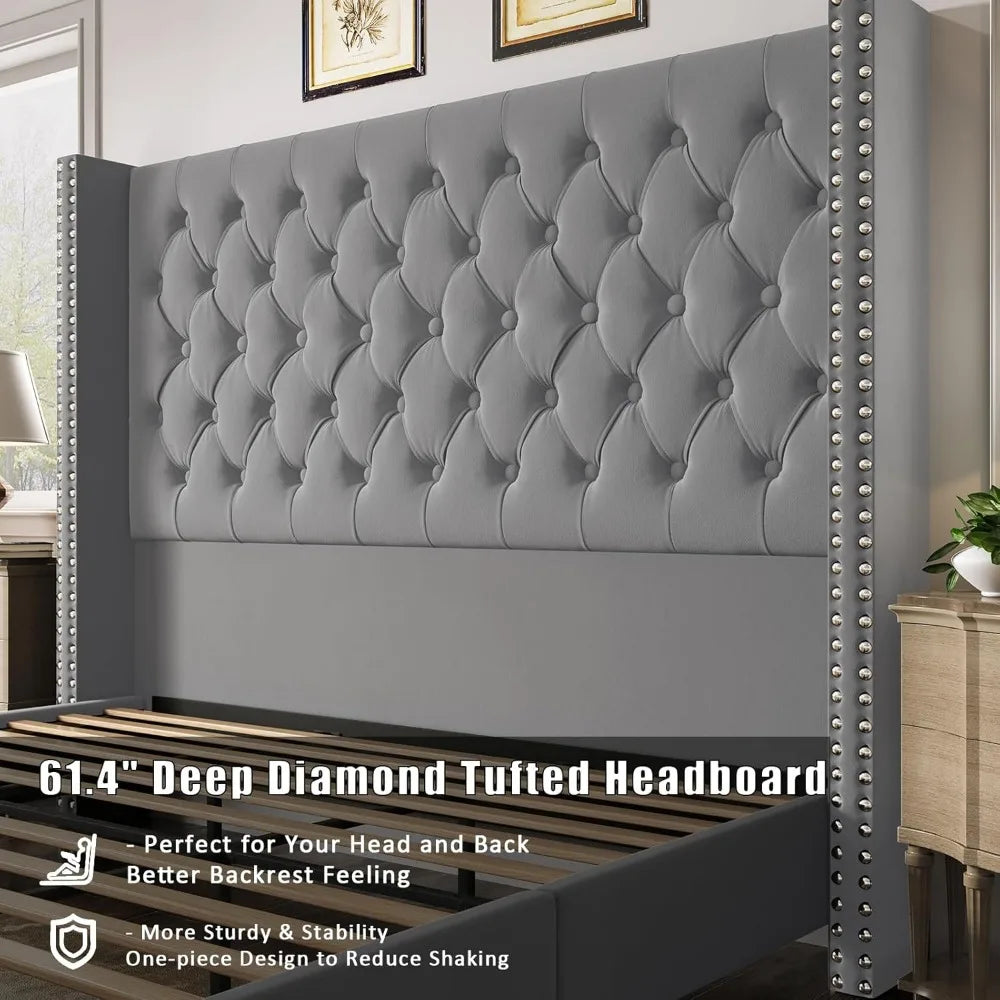 Queen Bed Frame 61.4" Tall Headboard Upholstered Velvet Platform Bed with Handmade Deep Button Tufted/No Box Spring Required