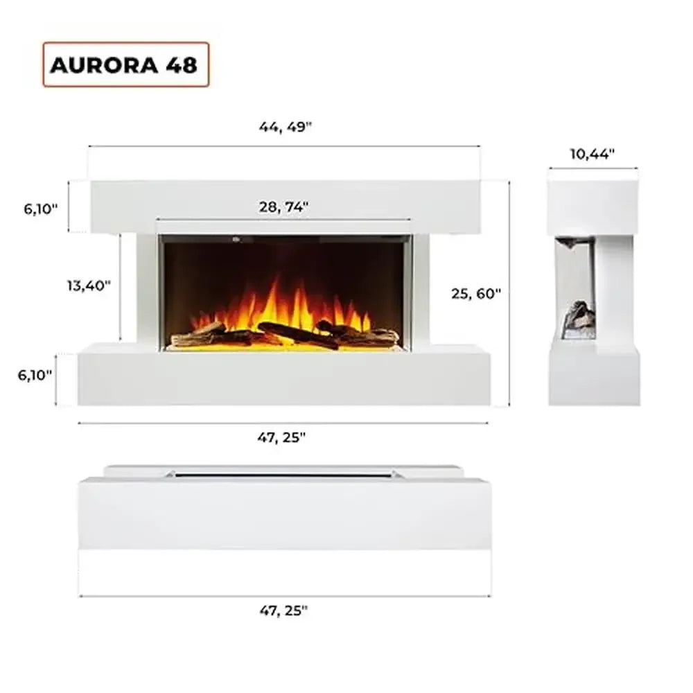 48” Electric Fireplace with White Mantel Surround Realistic Flame Driftwood and Crystals Dual Heating Modes Remote Control Timer