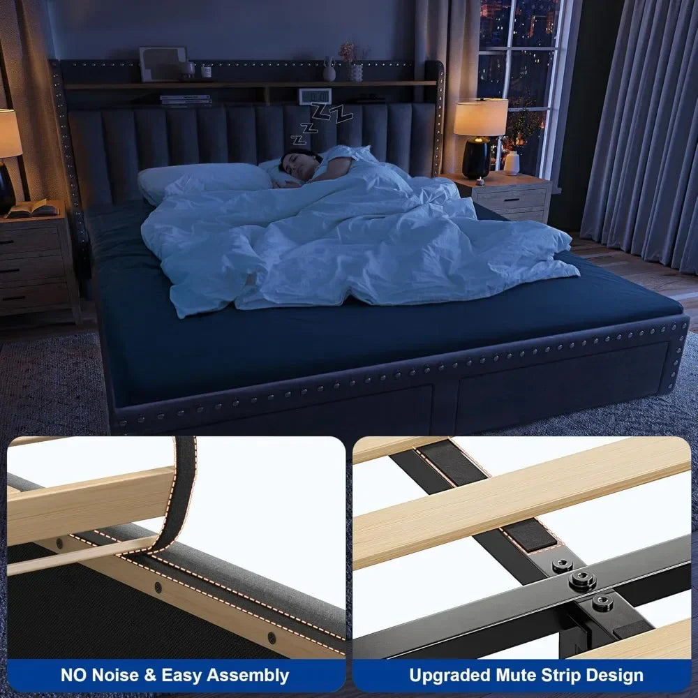 King Size Bed Frame with Storage and Headboard,Upholstered King Bed Frame with Storage & 2 Drawers,NO Noise,No Box Spring Needed